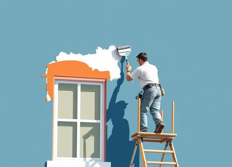 Peintre sur échafaudage traitant la façade d'une maison
