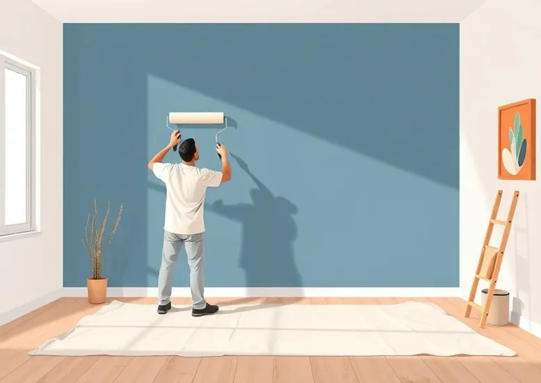 Peintre appliquant la peinture au rouleau sur un mur de salon